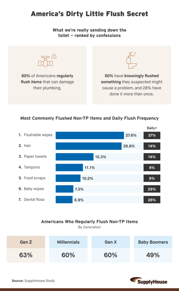 Infographic titled “America’s Dirty Little Flush Secret” shows that 60% of Americans regularly flush harmful items and 50% have knowingly flushed risky items. Bar chart ranks most flushed non-toilet-paper items led by flushable wipes (27.6%), hair (26.8%), and paper towels (15.3%), with Gen Z the worst offenders at 63%.
