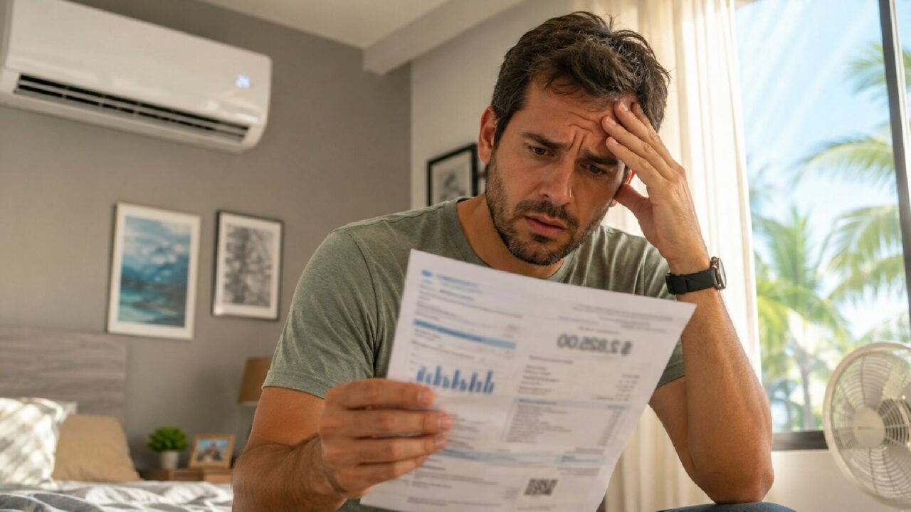 Man sitting on a bed looking stressed while reviewing a paper bill, with a wall-mounted air conditioning unit and an electric fan visible in the room.
