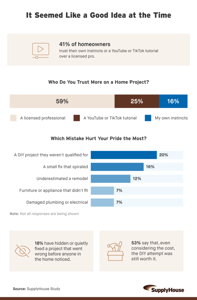 Bar charts show 41% trust instincts over pros, DIY mistakes hurt pride, and 18% hide botched projects.