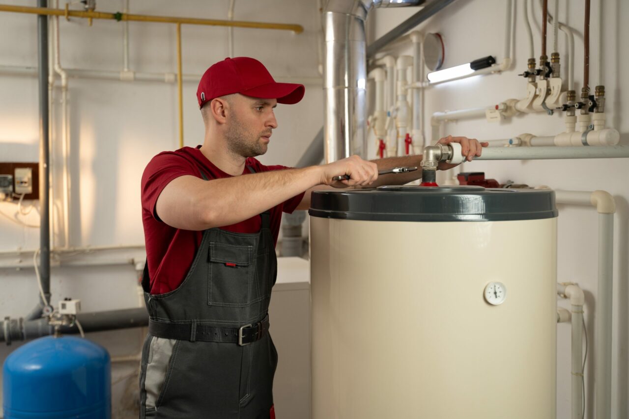 A-man-wearing-a-red-shirt-is-shown-fixing-a-water-heater