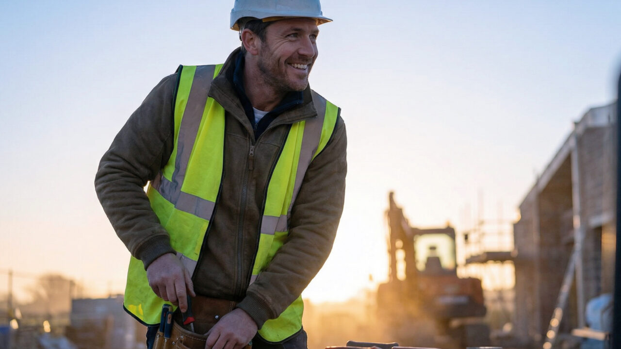 Header image of smiling contractor in a yellow safety vest and hard hat at a job site during golden hour.