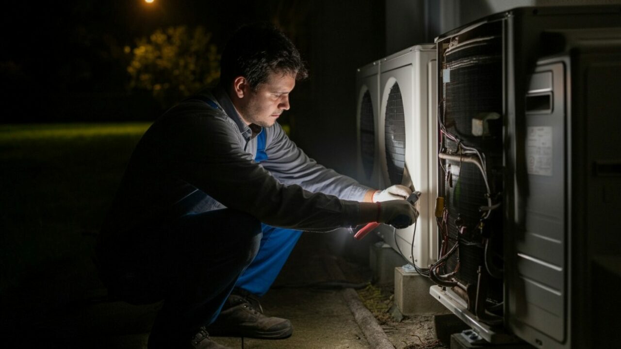 A skilled trades worker making a repair on an emergency service call after dark.
