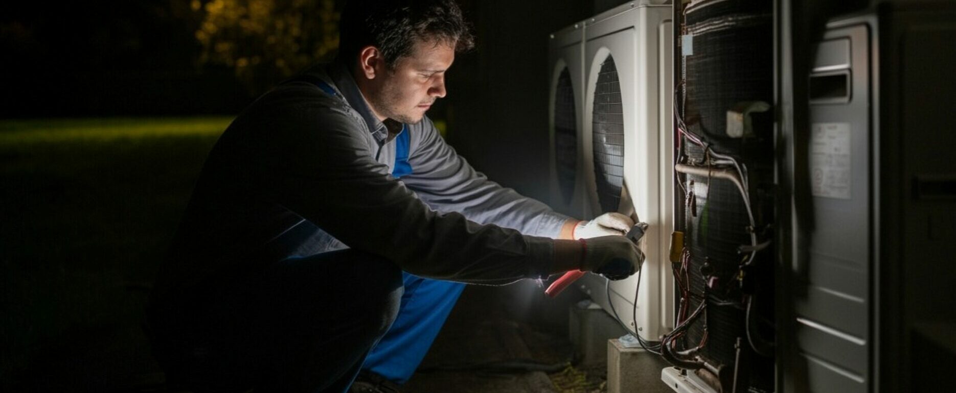 A skilled trades worker making a repair on an emergency service call after dark.