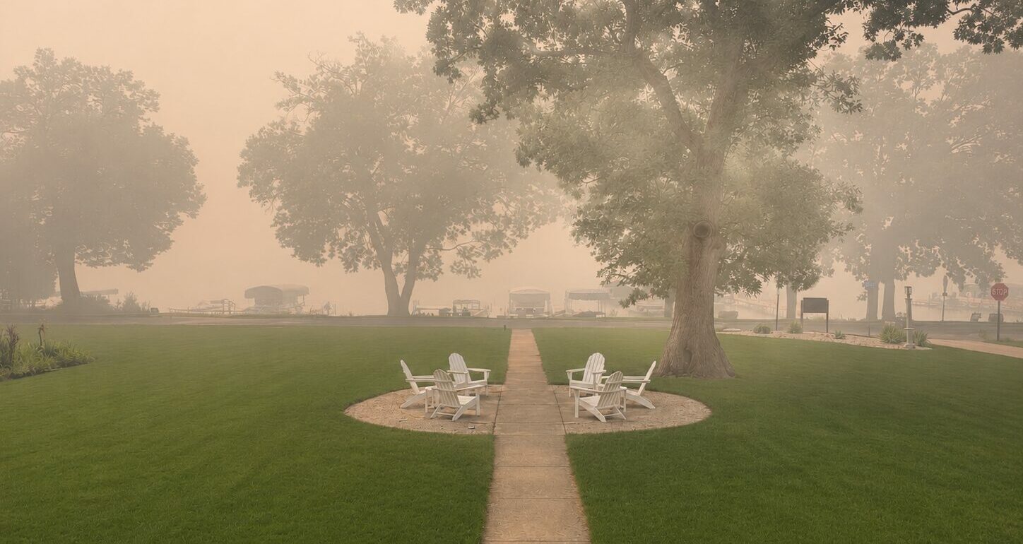 Wildfire smoke creating hazy conditions over a residential waterfront park with trees, lawn, and outdoor seating