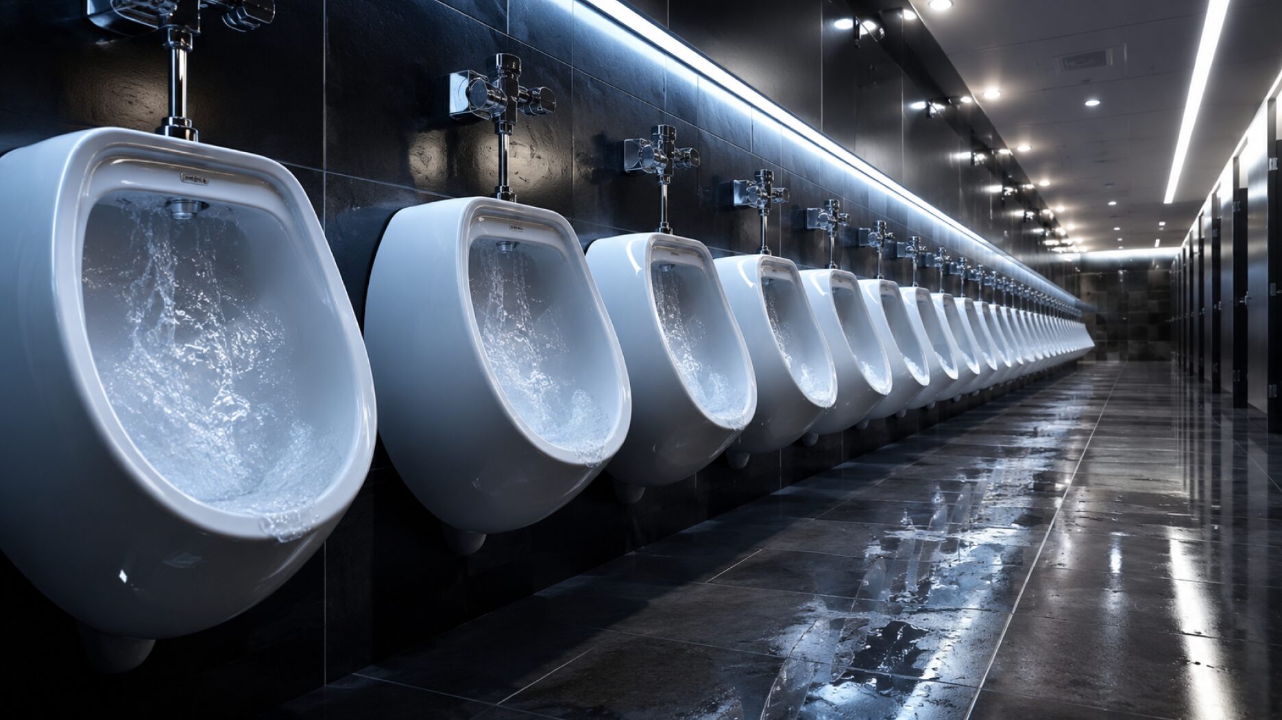 A row of urinals in a world cup game men's bathroom