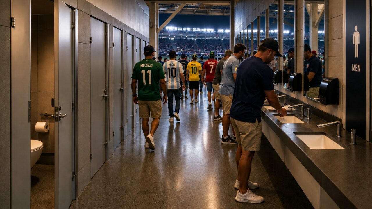 A football stadium restroom with people washing their hands and walking out.