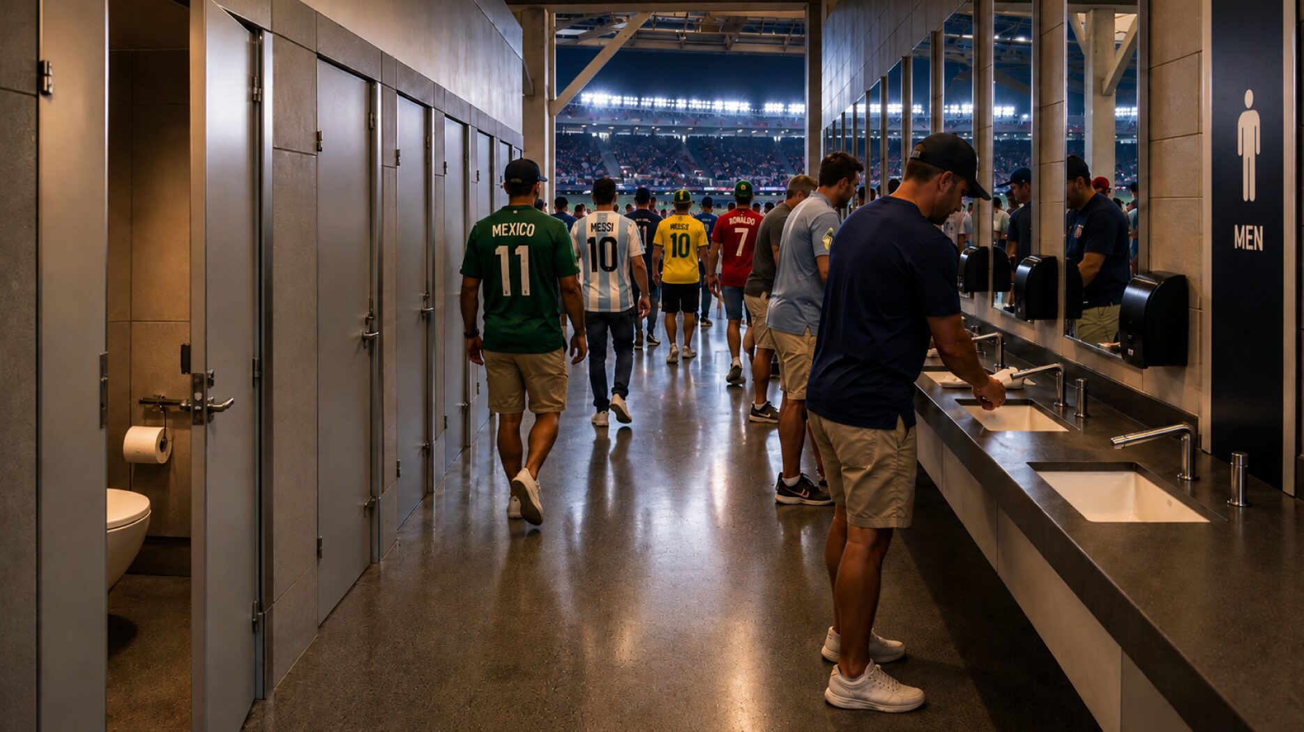 A football stadium restroom with people washing their hands and walking out.