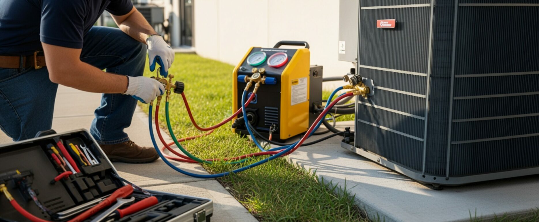 A technician using a refrigerant recovery machine connected to an HVAC system