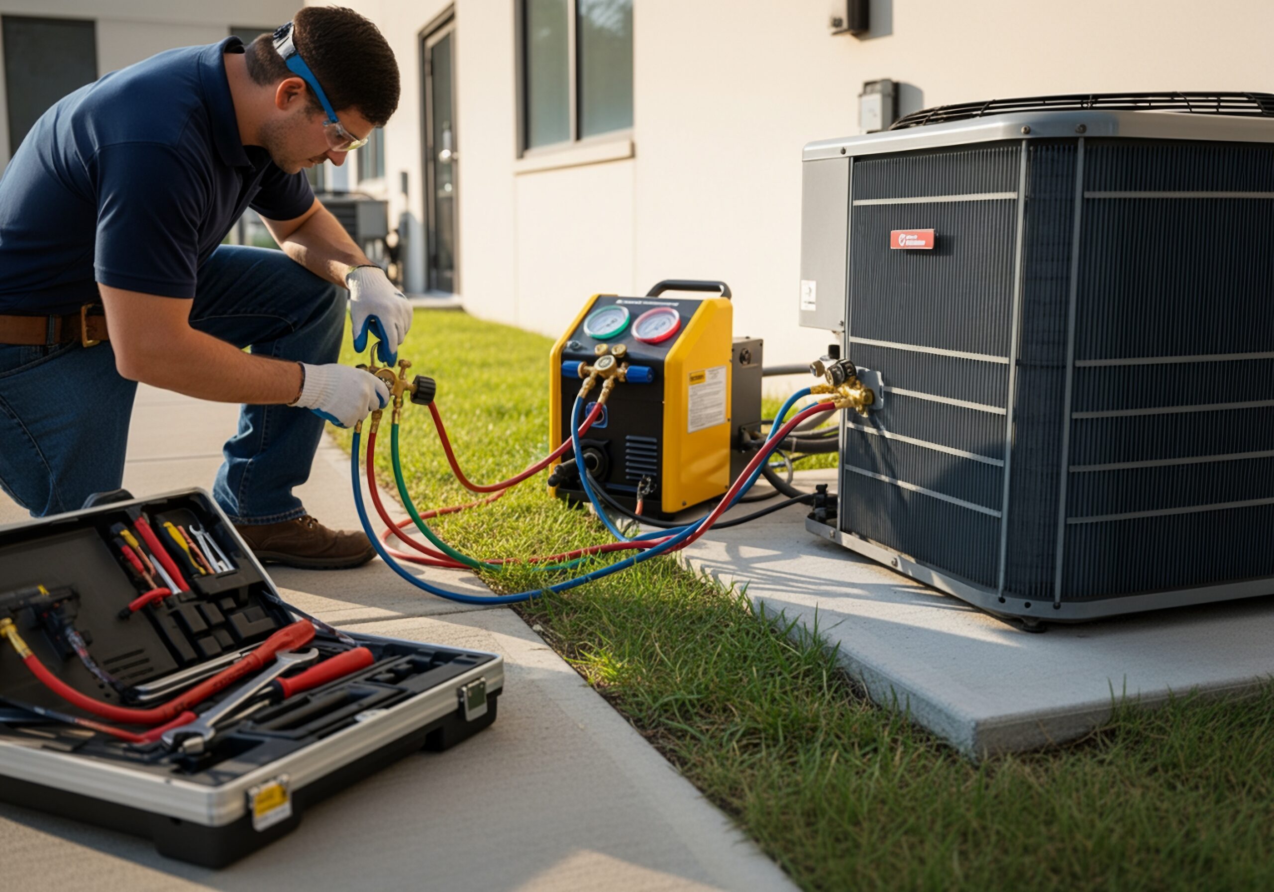 A technician using a refrigerant recovery machine connected to an HVAC system