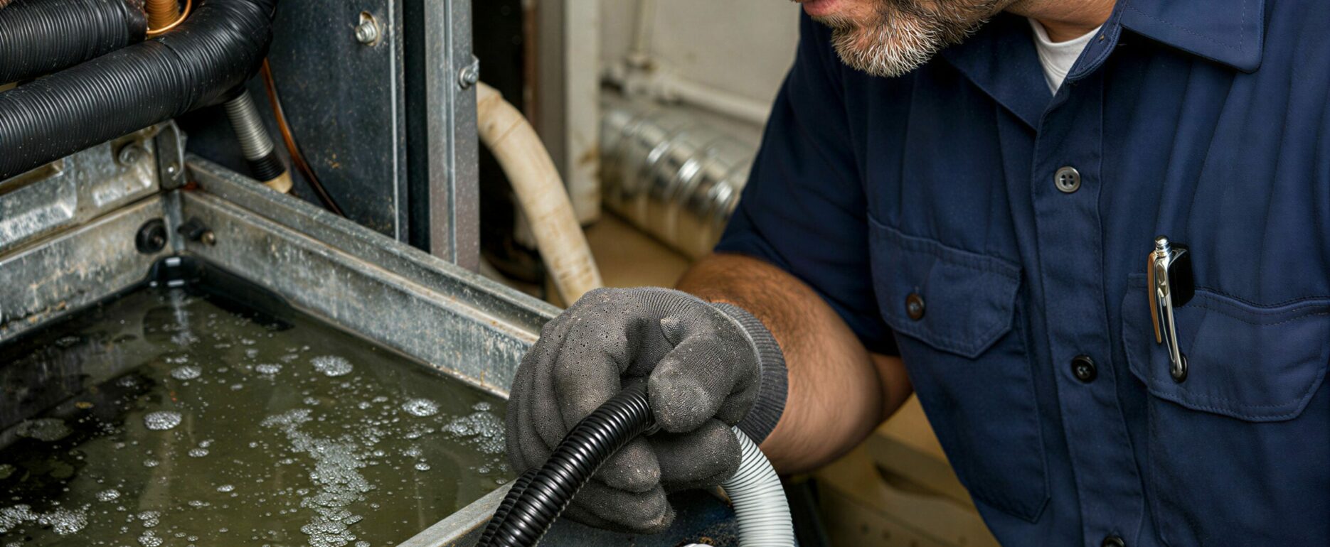 An HVAC technician inspecting and clearing a condensate drain line