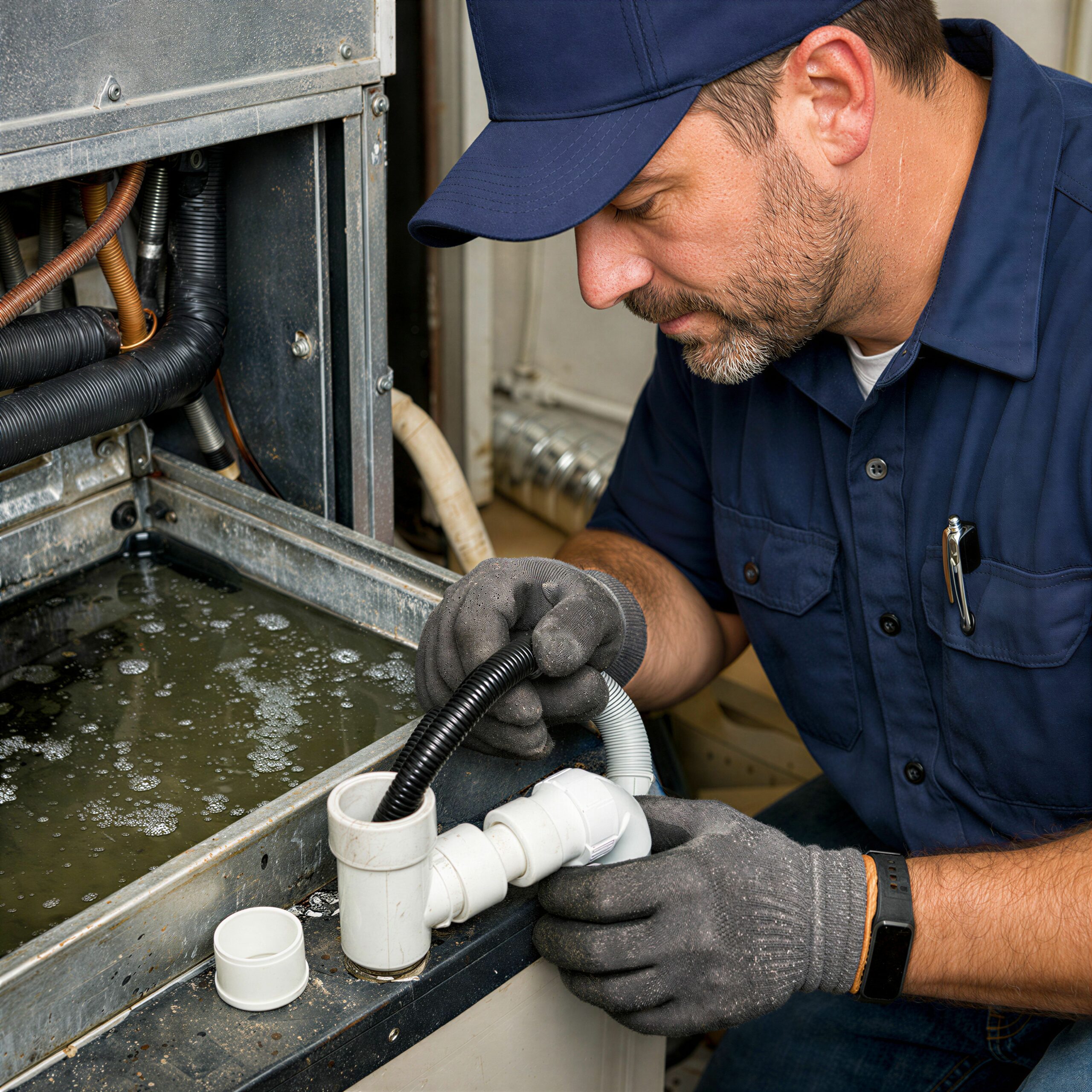 An HVAC technician inspecting and clearing a condensate drain line