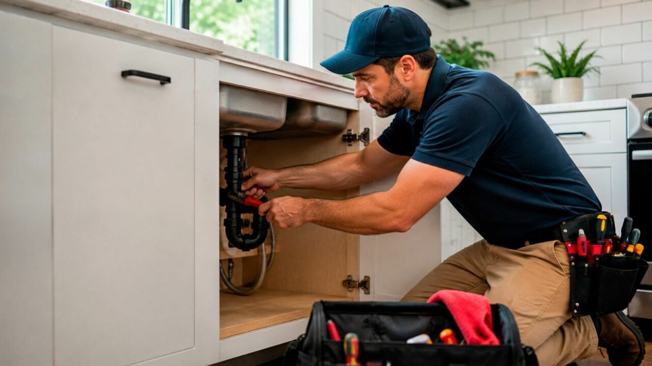 Plumber kneeling under a kitchen sink, tightening a P-trap pipe with red pliers, tool bag in foreground.