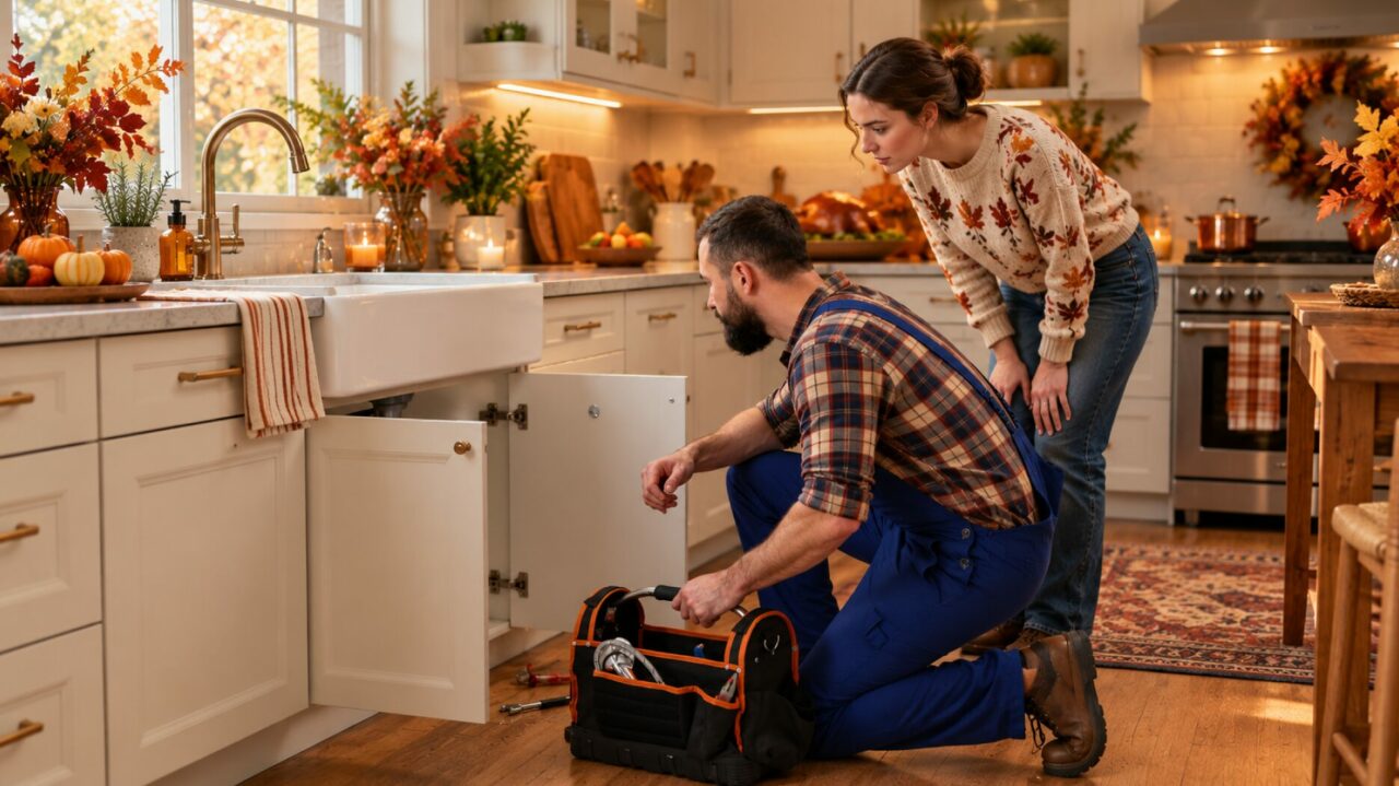 Plumber removing a clog from a kitchen sink drain while a woman reviews paperwork nearby.