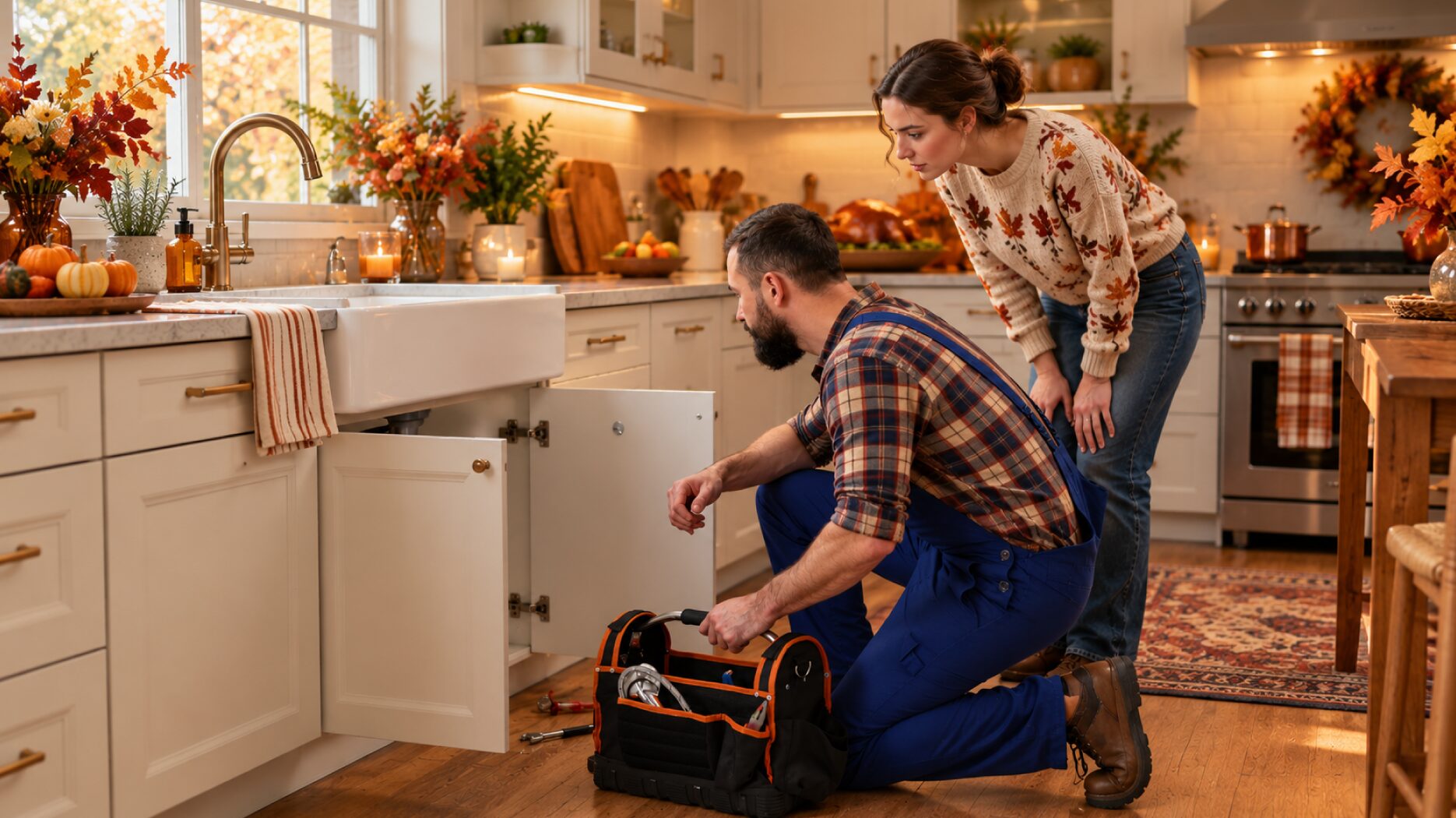 Plumber removing a clog from a kitchen sink drain while a woman reviews paperwork nearby.